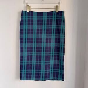 Lord & Taylor Preppy Tartan Plaid Skirt Cotton Stretch Navy Blue Green Size 6